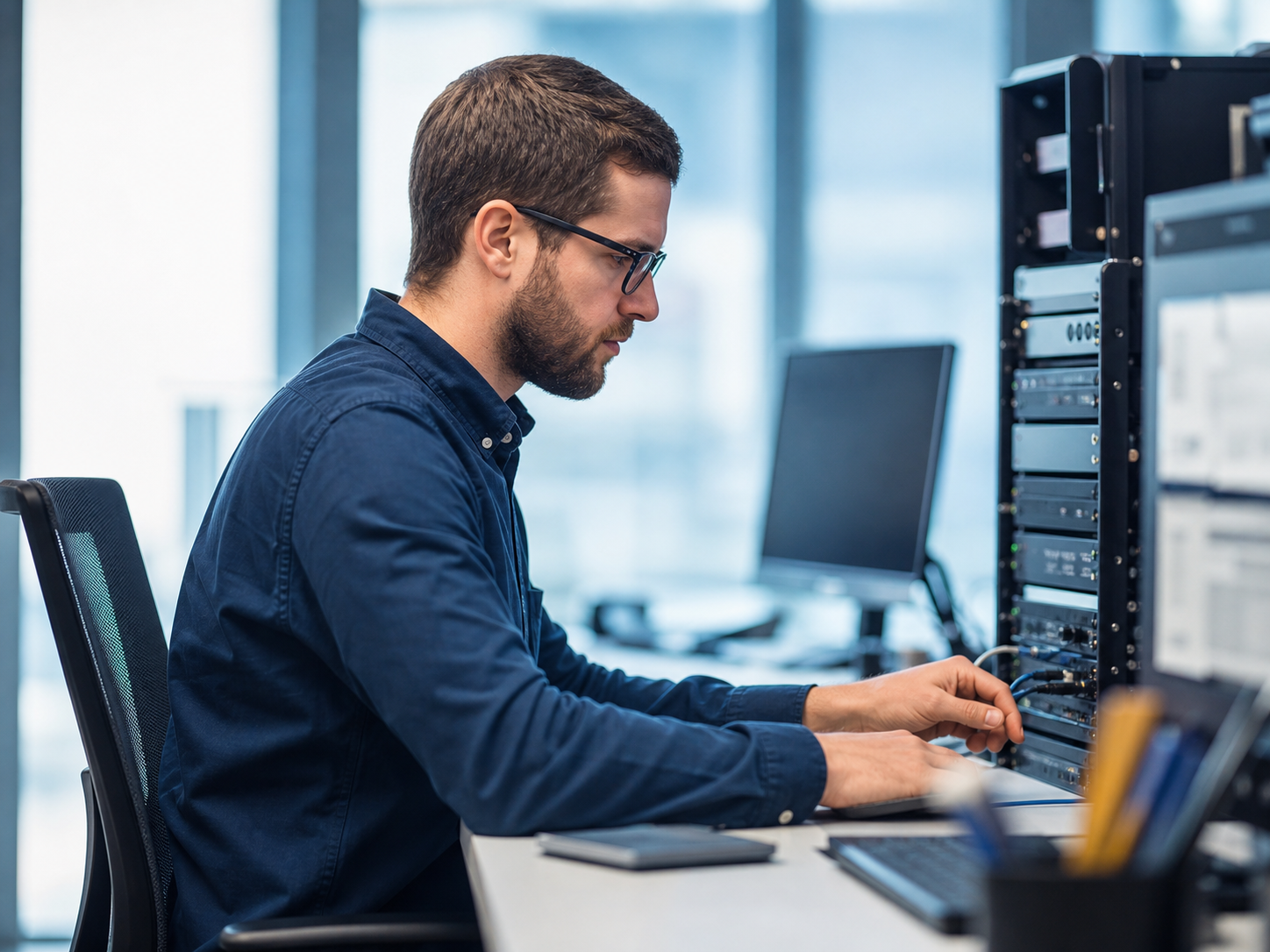 Técnico configurando sistemas informáticos