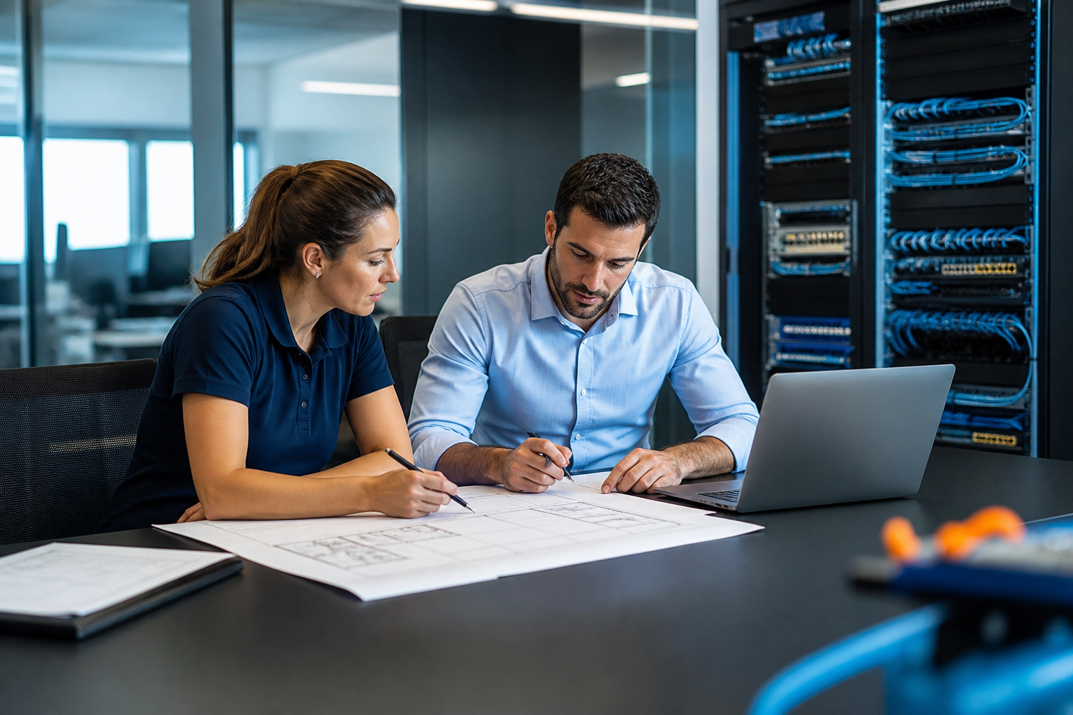 Equipo profesional planificando un proyecto tecnológico